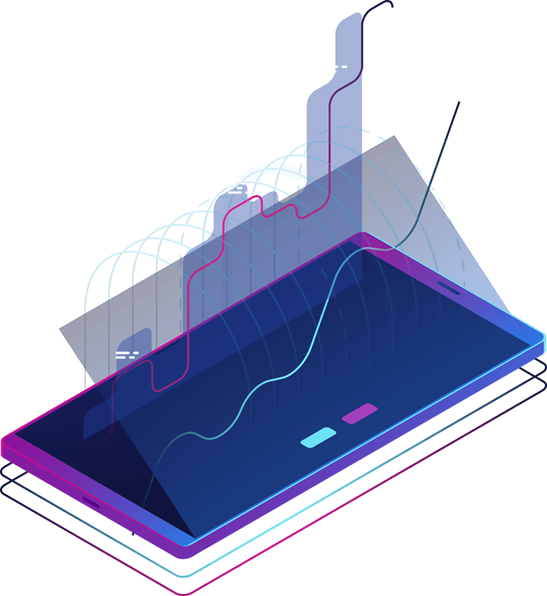 An isometric image of a smartphone with a graph depicting SMS payment solutions.